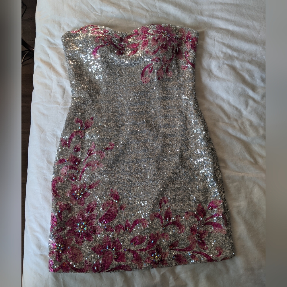 La Femme Silver and Pink Strapless Dress